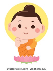 A charming and peaceful cartoon illustration of a young Buddha figure sitting on a pink lotus flower, dressed in traditional orange robes.