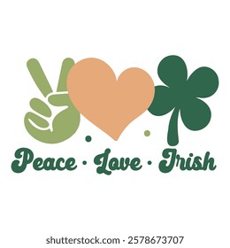 Charming Peach Love Irish St. Patrick's Day Illustration with Peace Sign, a Heart, and a Shamrock