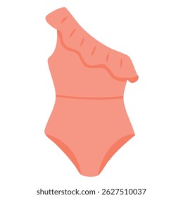 Charming peach one-piece swimsuit with asymmetrical neckline and delicate ruffle on shoulder.