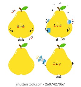 Charming pear character collection expressing varied emotions and enjoying music and communication activities.