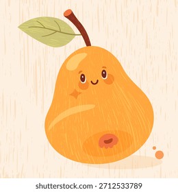 Charming pear on a textured background in a warm cartoon style. Soft, sweet and friendly illustration perfect for food projects, packaging and cozy decorative themes.