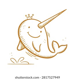 A charming pencil style illustration of a smiling narwhal wearing a tiny crown jumping out of the water