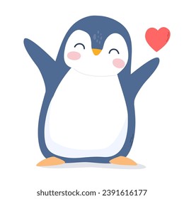 Charming penguin with a heart. Congratulations on Valentine's Day. A declaration of love. Illustration for postcards,greeting stickers,prints isolated on a white background. Kawaii Penguin Cartoon.