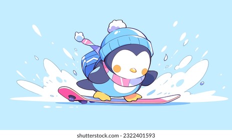 A charming penguin wearing ski gear and sliding over ice