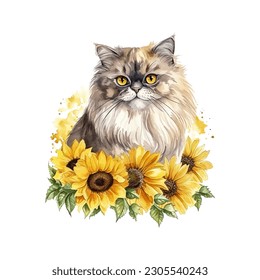 Charming Persian Cat with Sunflowers Watercolor Vector Illustration