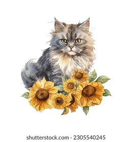 Charming Persian Cat with Sunflowers Watercolor Vector Illustration