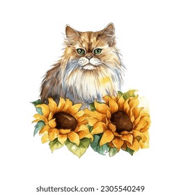 Charming Persian Cat with Sunflowers Watercolor Vector Illustration