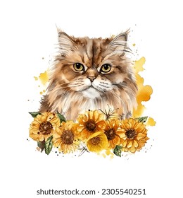 Charming Persian Cat with Sunflowers Watercolor Vector Illustration