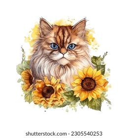 Charming Persian Cat with Sunflowers Watercolor Vector Illustration