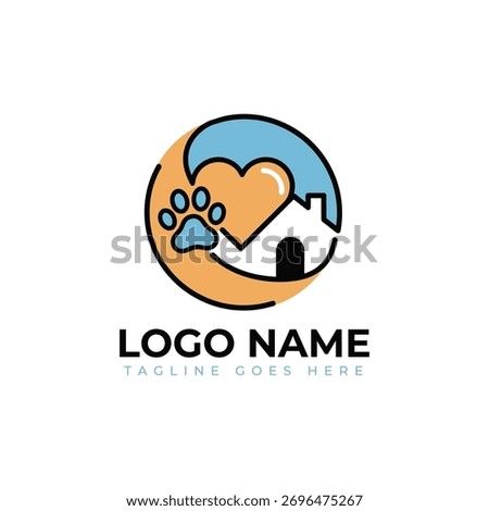 Charming pet care logo design with paw print, heart and cozy house illustration. Perfect for veterinary clinics, pet shops, dog walkers and animal shelters