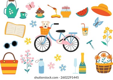 Charming picnic themed illustration with a bicycle, flowers, and summer essentials