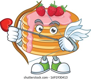 Charming picture of strawberry cream pancake Cupid mascot design concept with arrow and wings