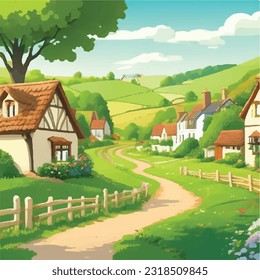 charming and picturesque vector illustration of a peaceful countryside village, complete with cozy houses, winding pathways, and lush greenery