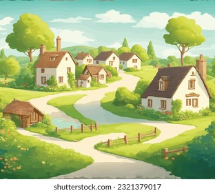 charming and picturesque vector illustration of a peaceful countryside village, complete with cozy houses, winding pathways, and lush greenery