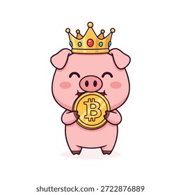 Encantador personaje de cerdo adornado con una corona real y agarrando un símbolo de Bitcoin dorado. Esta ilustración representa la prosperidad criptográfica, el ahorro, las finanzas digitales y el éxito de la inversión.