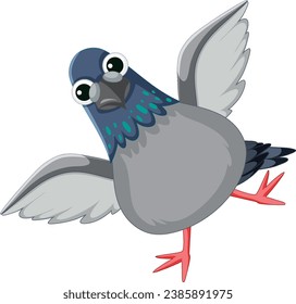 Charming pigeon bird character standing on one leg, spreading wings