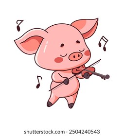 Charming piglet playing violin flat color vector illustration. Kawaii piglet joyfully creating melody with instrument on white background