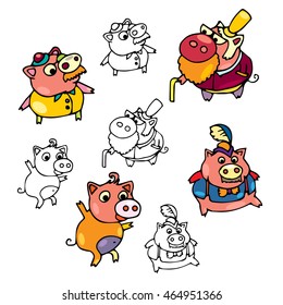 Charming piglets in suits and hats with cane. Moving and jumping tiny pigs. 