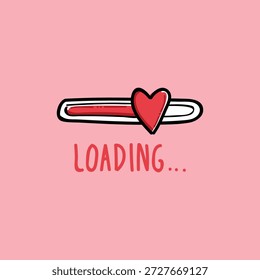 Ein charmanter rosafarbener Hintergrund verfügt über ein Cartoon-Ladeherz mit einer roten Fortschrittsleiste, perfekt für Valentinstag, Romantik oder Liebesthemendesigns. Hell, freundlich und visuell ansprechend für Karten und Apps.
