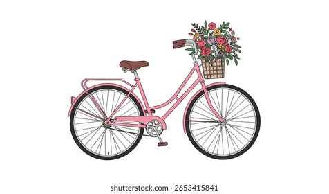 Charming pink bicycle with a woven basket full of beautiful vibrant flowers showcasing a delightful vintage design