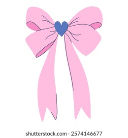 A charming pink bow with a heart in the center and long flowing ribbons. Perfect for decorating gifts, accessories, or crafting projects, adding a lovely touch to any item.