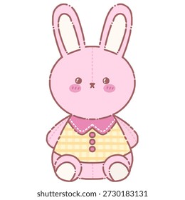 A charming pink bunny doll illustration wearing a yellow checkered dress, featuring soft pastel colors, stitched details, and a kawaii cartoon style that feels friendly and wholesome, perfect for kids’ designs, nursery decor, gifts, stickers, merchandise, greeting cards, and playful branding projects.