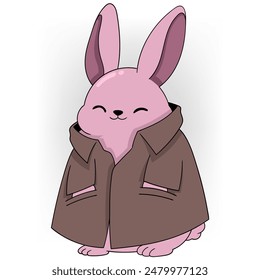 A charming pink bunny smiles contentedly while wearing an oversized brown jacket.