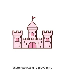 A charming pink cartoon castle with flags, perfect for fairytale, princess, or fantasy-themed designs.