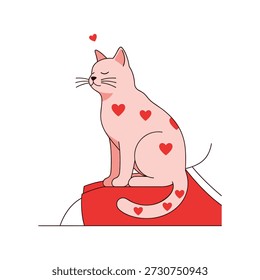 Um gato rosa encantador adornado com corações vermelhos está pacificamente sentado sobre uma almofada vermelha.