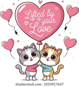 Charming Pink Cat Couples Surrounded by Hearts  Valentine Special illustration