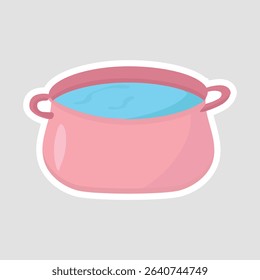 Charming Pink Cooking Pot Sticker. Playful vector illustration of a pink cooking pot with liquid, ideal for kitchen, food preparation, and culinary designs