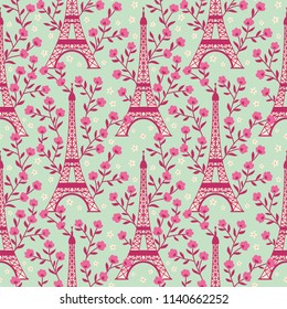 Charming pink and cream flower surrounded eiffel tower pattern. Vector repeat with mint background. For Apparel design, lovely cards, wallpapers, gift wrappings and other romantic surfaces.