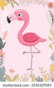 A charming pink flamingo illustration framed with a decorative floral border in a whimsical, cartoon style, vector illustration.