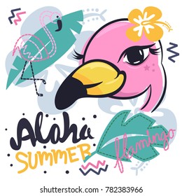 Charming pink flamingos girl cartoon with tropical elements background vector illustration.