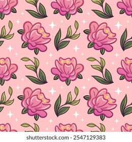 Charmantes rosa Blumendesign im Kawaii-Stil, mit lebhaften grünen Blättern verziert. Ideal für die Verwendung als Tapete, Stoff, Verpackung oder Hintergründe, die eine reizvolle Note zu jedem Projekt hinzufügen.