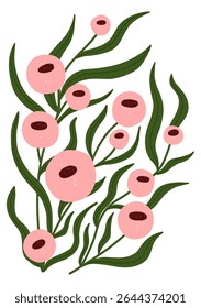 Charming pink floral illustration with round blossoms and curvy green leaves. Great for spring prints, nursery decor, and gentle designs.