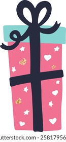 Charming pink gift box wrapped with a dark ribbon and bow, adorned with hearts, stars, and glitter, perfect for celebrating birthdays, Valentine s Day, or other special occasions