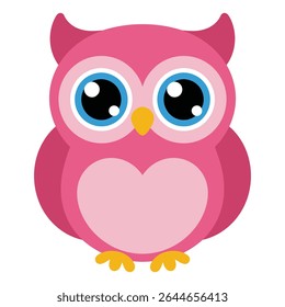A charming pink owl with large, expressive blue eyes and small yellow feet is depicted in a simple cartoon style against a white background. The illustration features soft, 
