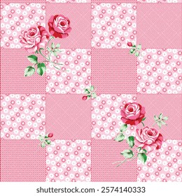 Charming Pink Patchwork Fabric with Delicate Roses