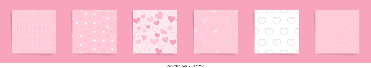 Charming Pink Seamless Patterns with Hearts, Polka Dots, and Romantic Motifs