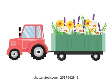 Charming pink tractor with a green trailer overflowing with camomile, lavender, and narcissus flowers
