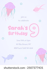 Charming pink under-the-sea ninth birthday card. Cute invitation featuring marine animals like fish and jellyfish in a soft flat style