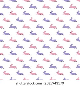 Charming Pink and Violet Pastel Jumping Rabbit. This seamless vector pattern is perfect for Easter-themed projects, children's designs, nursery decor, and spring-inspired crafts.