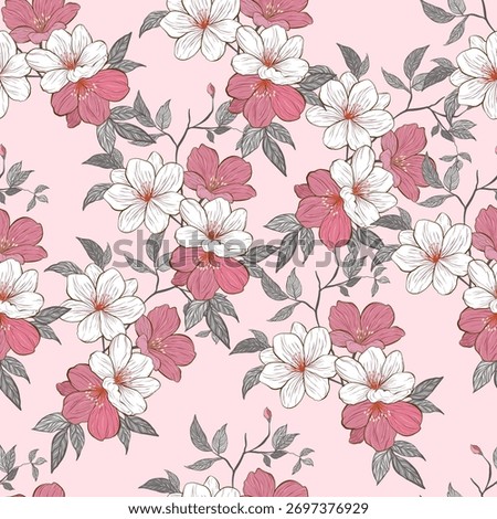 Charming pink and white cherry blossom seamless pattern vector background, featuring watercolor-style sakura flowers, ideal for spring textile, feminine apparel, wedding themes, and romantic digital.
