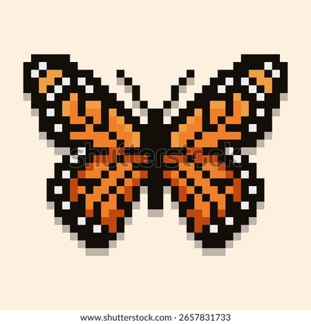 Charming pixel art butterfly illustration, meticulously crafted with vibrant orange and black tones. This delightful monarch butterfly design captures a classic retro aesthetic