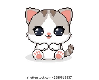 A charming pixel art cat with a kawaii style, perfect for digital designs, stickers, and retro-themed projects.