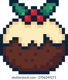 Un encantador pixel art Navidad pudín rematado con glaseado cremoso y decorado con bayas rojas brillantes y hojas de acebo verde o diseños festivos, pegatinas, tarjetas y decoraciones digitales.