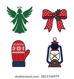 A charming pixel art collection of festive Christmas icons displayed on a clean white background including a green angel with wings a red polka dot ribbon bow a winter mitten and a classic burning lantern
