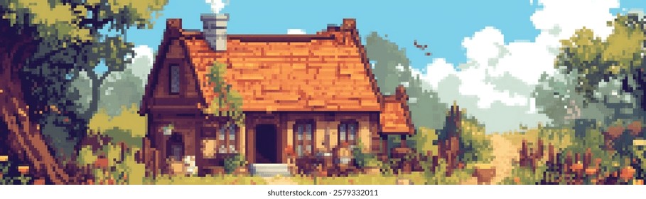 A charming pixel art cottage surrounded by lush greenery and flowers, with a clear blue sky and fluffy clouds. The house features a sloped roof and a welcoming front porch.