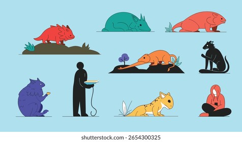 Charming pixel art creatures and characters in stylized environments